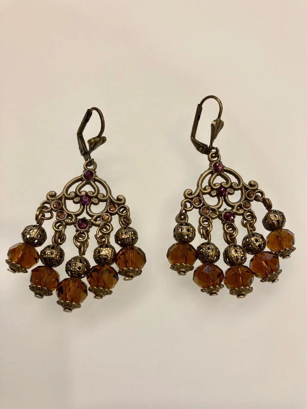 Boucles d’oreilles bronze antique violine et chocolat long 6 cm neuves