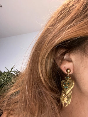 Boucles d oreilles cœur et ailes d anges dore et bleu long 6 cm neuves