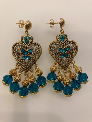 Boucles d’oreilles Valentine bleu canard et dore long 6,5 cm neuves