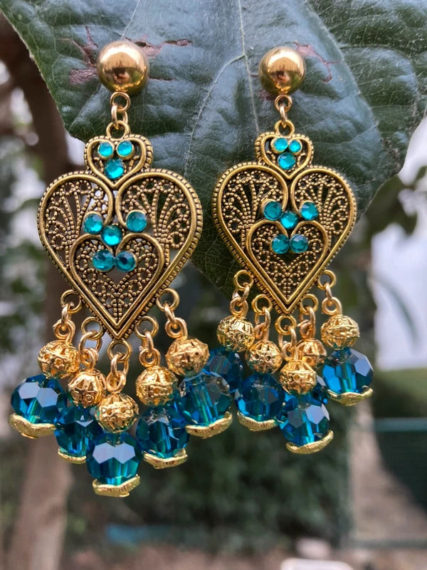 Boucles d’oreilles Valentine bleu canard et dore long 6,5 cm neuves
