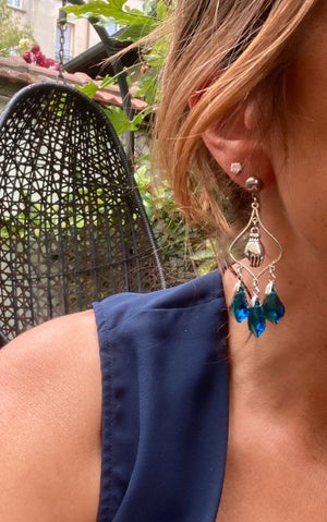 Boucles d’oreilles lustre main boudhiste acier inoxydable . Excellent état. Long 7 cm .