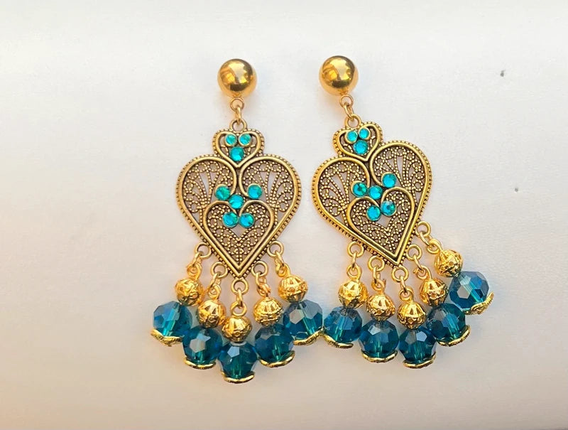 Boucles d’oreilles Valentine bleu canard et dore long 6,5 cm neuves