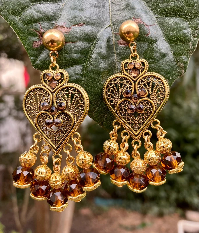 Boucles d’oreilles Valentine moka et dore long 6,5cm neuves