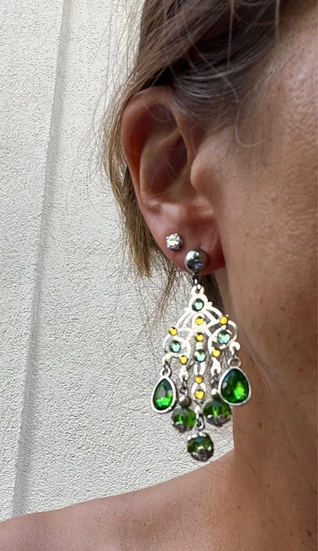 Boucles d’oreilles Altesse vert et topaze long 7 cm neuves