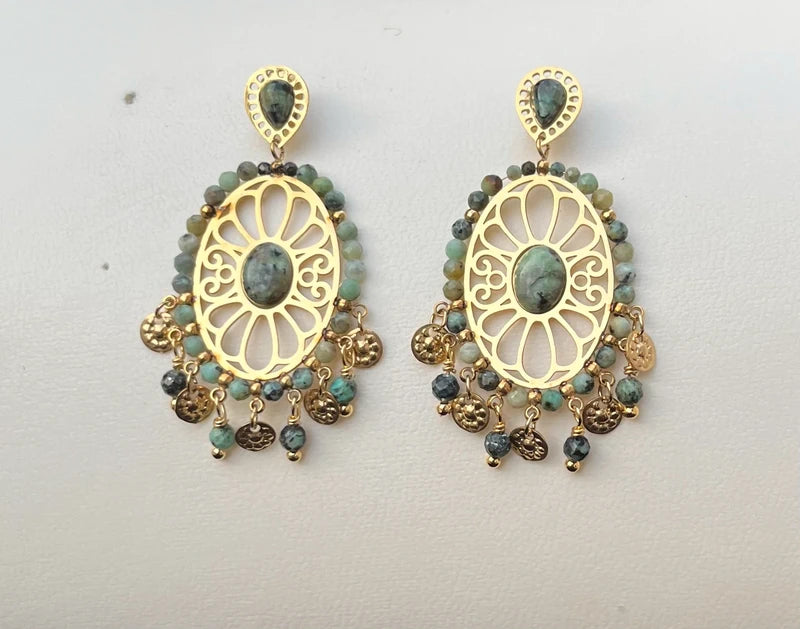 Boucles d oreilles en acier inoxydable et pierres naturelles long 5 cm