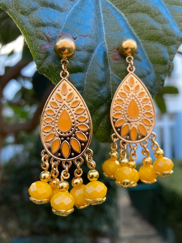 Boucles d’oreilles Kigali jaune et dore  en acier inoxydable long 6cm neuves