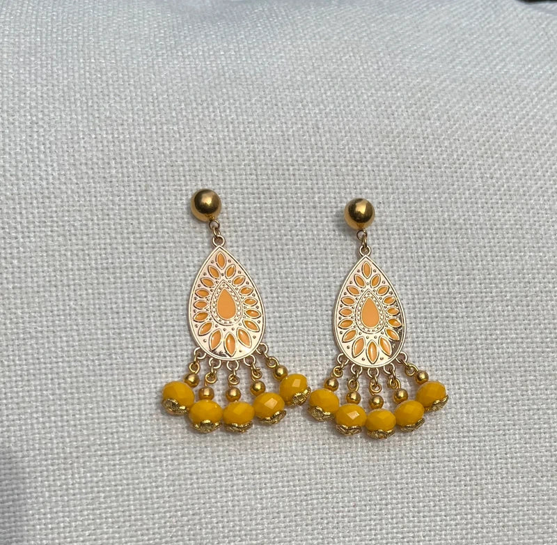 Boucles d’oreilles Kigali jaune et dore  en acier inoxydable long 6cm neuves