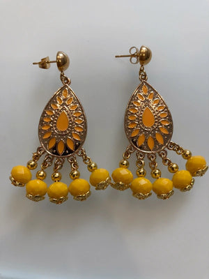 Boucles d’oreilles Kigali jaune et dore  en acier inoxydable long 6cm neuves