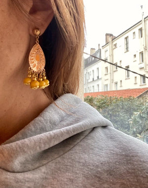 Boucles d’oreilles Kigali jaune et dore  en acier inoxydable long 6cm neuves