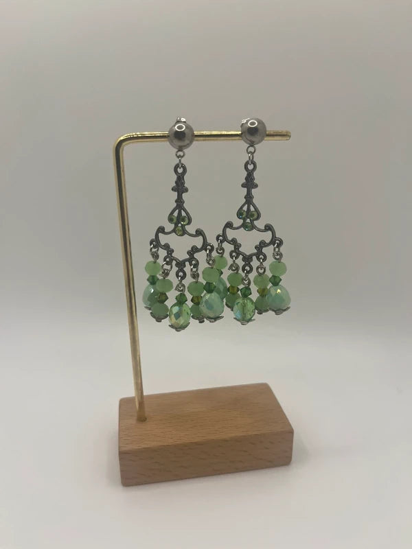 Boucles d oreilles Chandelier argent antique et menthe long 6,5 cm neuves