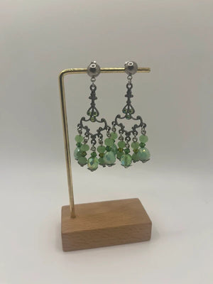 Boucles d oreilles Chandelier argent antique et menthe long 6,5 cm neuves