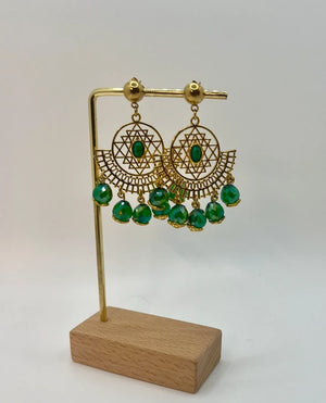 Boucles d oreilles en acier inoxydable, perles et pierre malachite long 5 cm excellent état