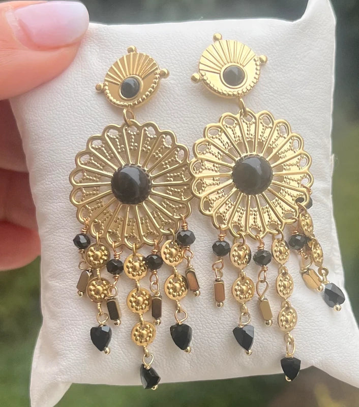 Boucles d’oreilles en acier inoxydable et pierres naturelles et résine long 7 cm excellent etat