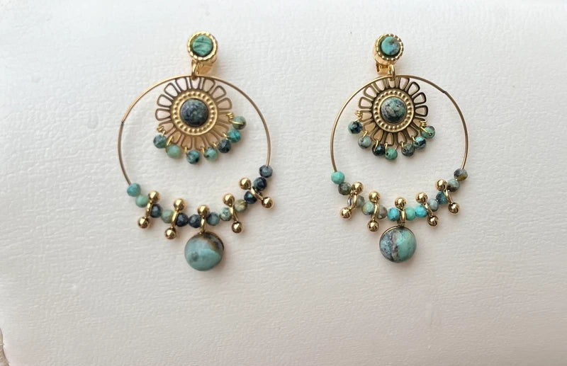 Boucles d oreilles en acier inoxydable et pierre naturelle  long 3,5cm excellent état