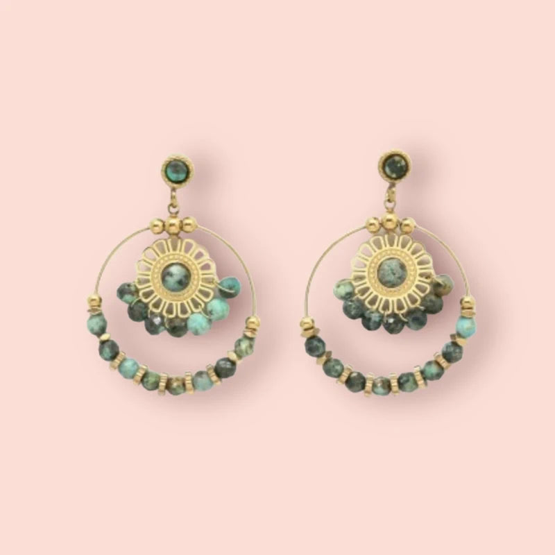 Boucles d oreilles en acier inoxydable et pierre naturelle  long 3,5cm excellent état