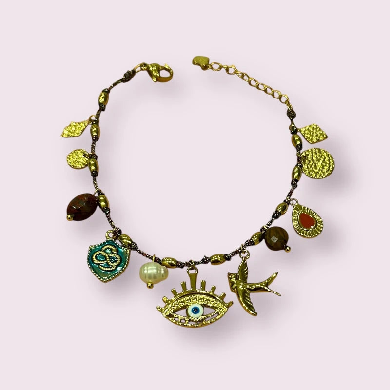 Bracelet Habaha  en acier inoxydable et pierres naturel, excellent état