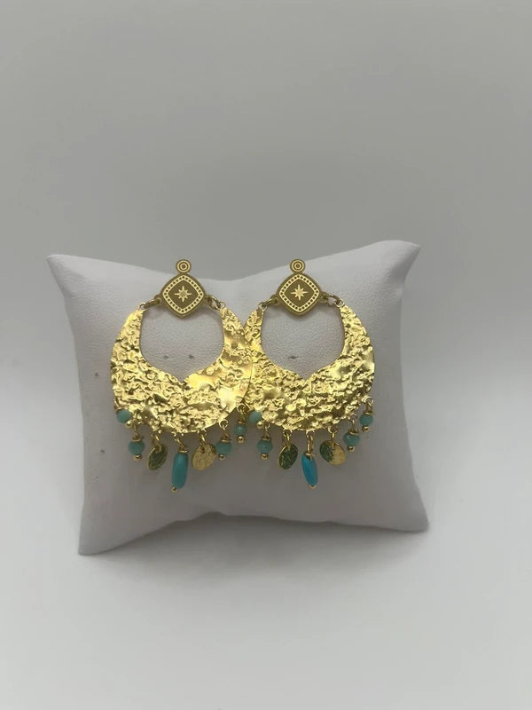 Boucles d’oreilles en acier inoxydable pierres naturelles et perles long 5 cm. Excellent état