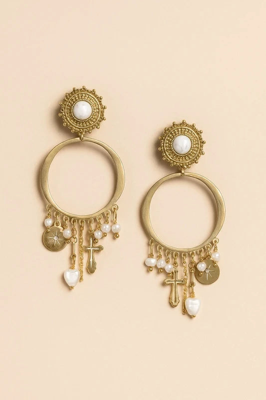 Boucles d’oreilles créoles en acier inoxydable et pierres naturelles  7 cm . Excellent état
