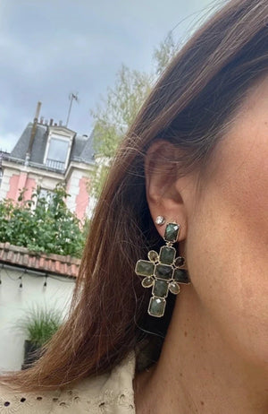 Boucles d oreilles en acier inoxydable et pierres naturelles long 6cm excellent état