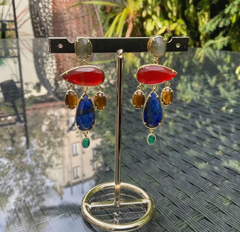 Boucles d’oreilles en acier, inoxydable et pierres naturelles excellent état long 6,5cm