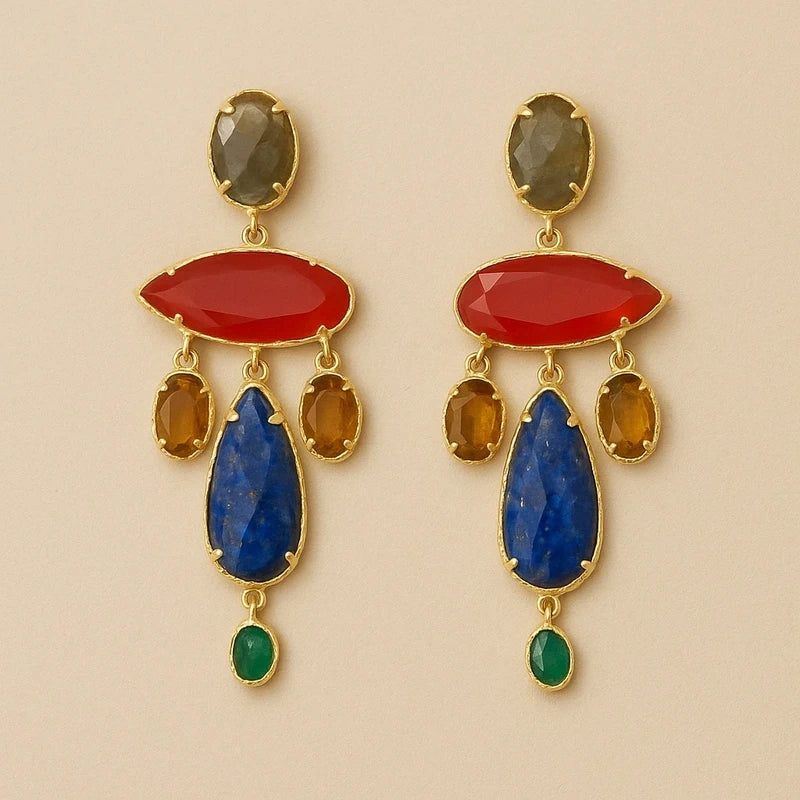 Boucles d’oreilles en acier, inoxydable et pierres naturelles excellent état long 6,5cm