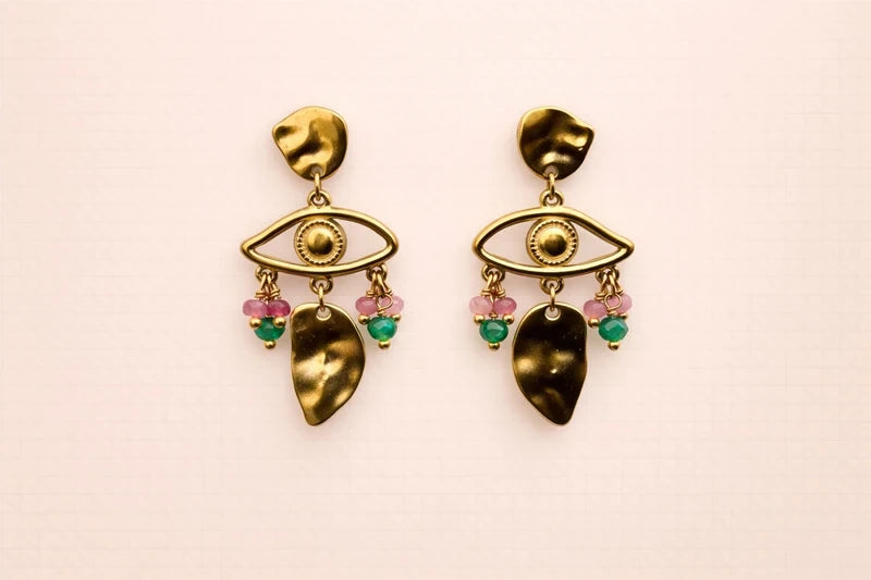 Boucles d’oreilles oreilles en acier inoxydable et pierres naturelles , longueur4,5cm. Excellent