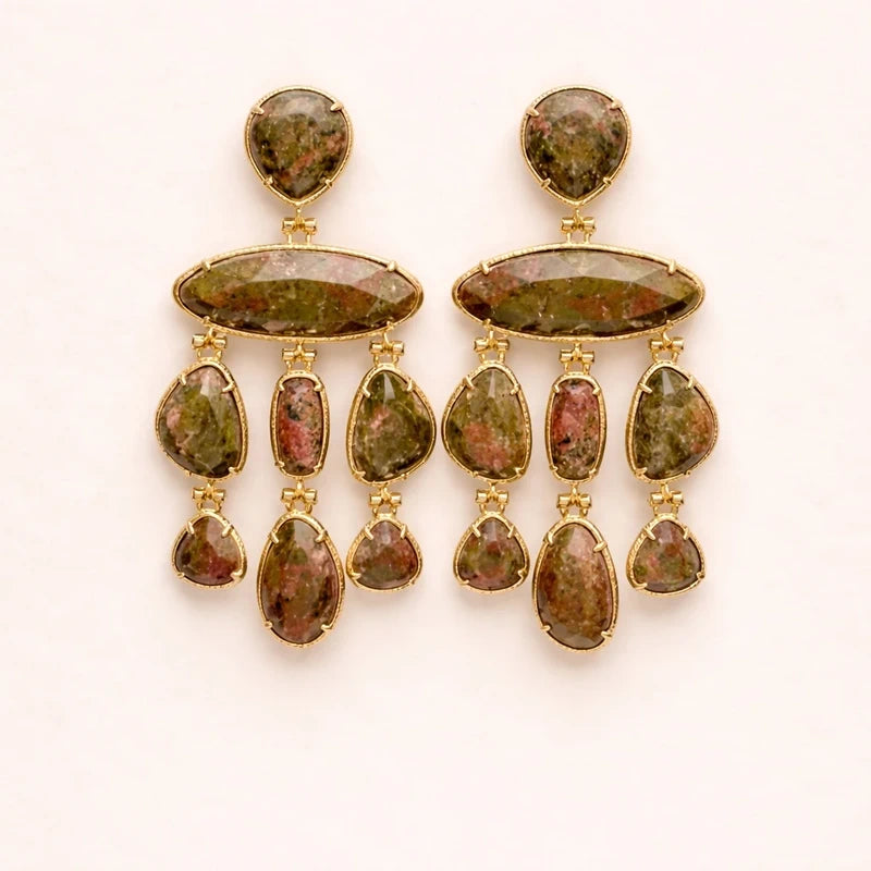 boucles d’oreilles, en acier inoxydable et pierres naturelles, long 7,2cmx3cm excellent état