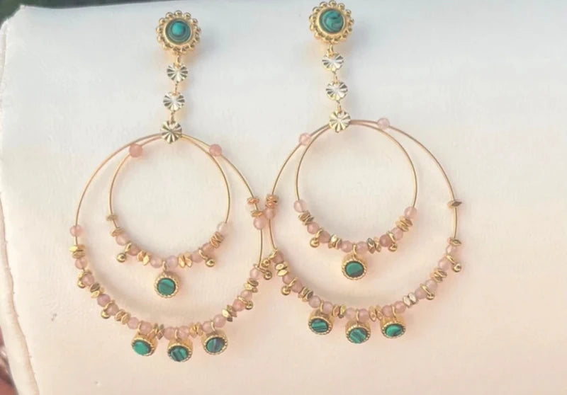 Boucles d’oreilles en acier inoxydable pierres naturelles  dont malachite long 7 cm. Excellent état