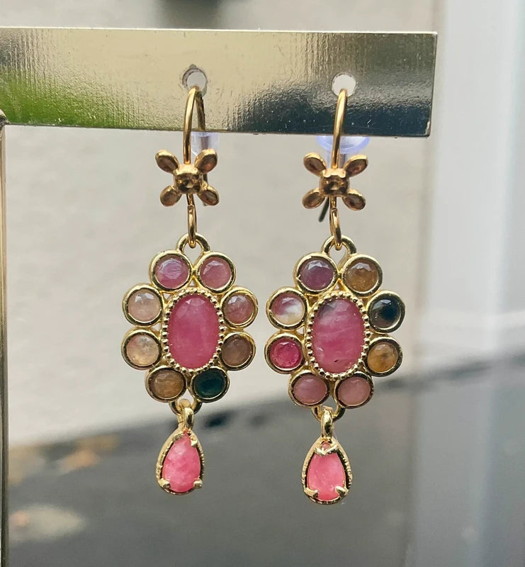 Boucles d'oreilles en acier, inoxydable et pierres naturelles, longueur 3,2 cm. Excellent état