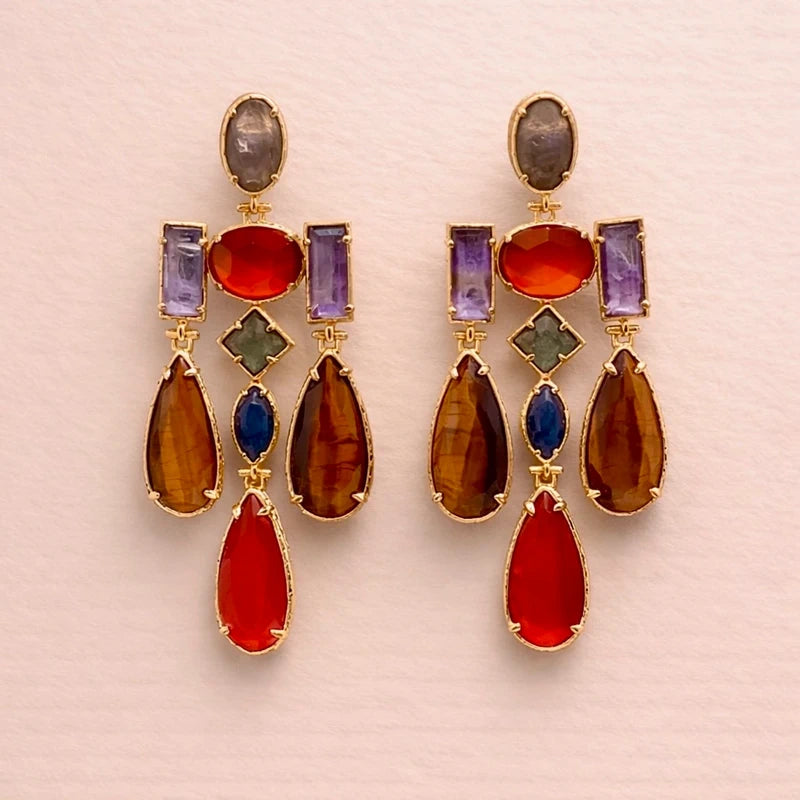 Boucles d oreilles en acier inoxydable et pierres naturelles long 6 cm excellent état