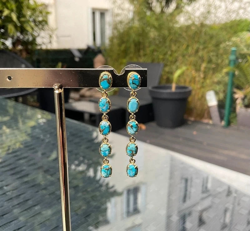 Boucles d'oreilles en acier inoxydable et pierres, naturelles, excellent état long 7 cm