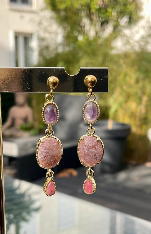 Boucles d'oreilles en acier inoxydable et Pierres naturelles long 4cm excellent état